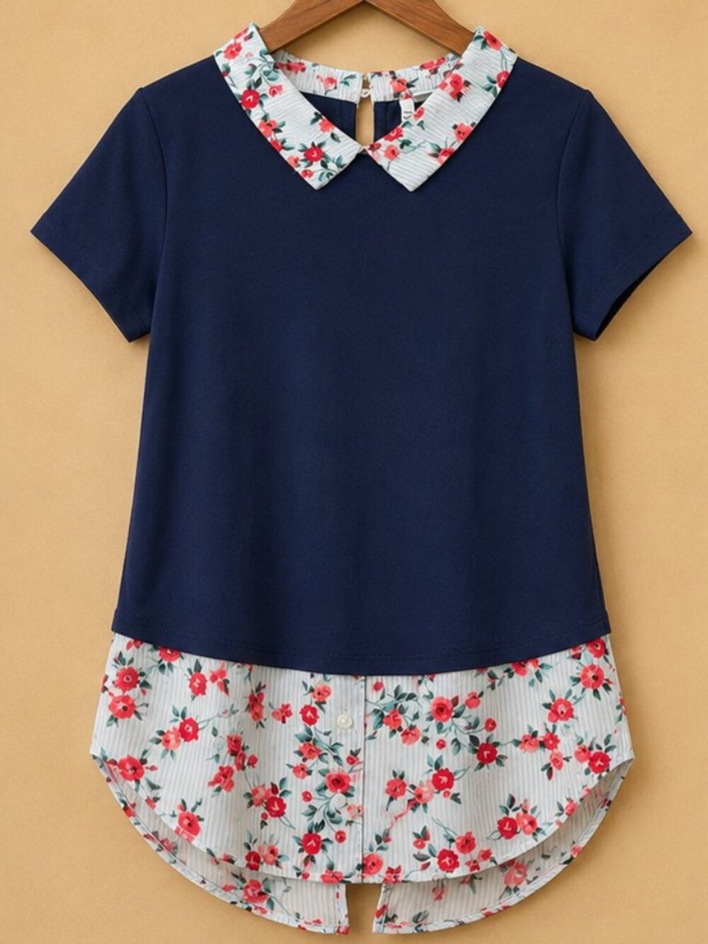 ELLE Navy Blouse w/ Floral Collar Hem | Size S | Preppy Layered Look Top
